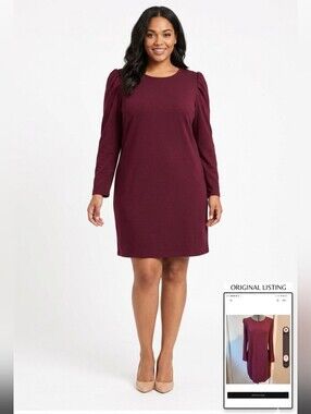 2/$20 Large Burgundy Shift Dress Cotton Stretch Puff Sleeve Shoulder